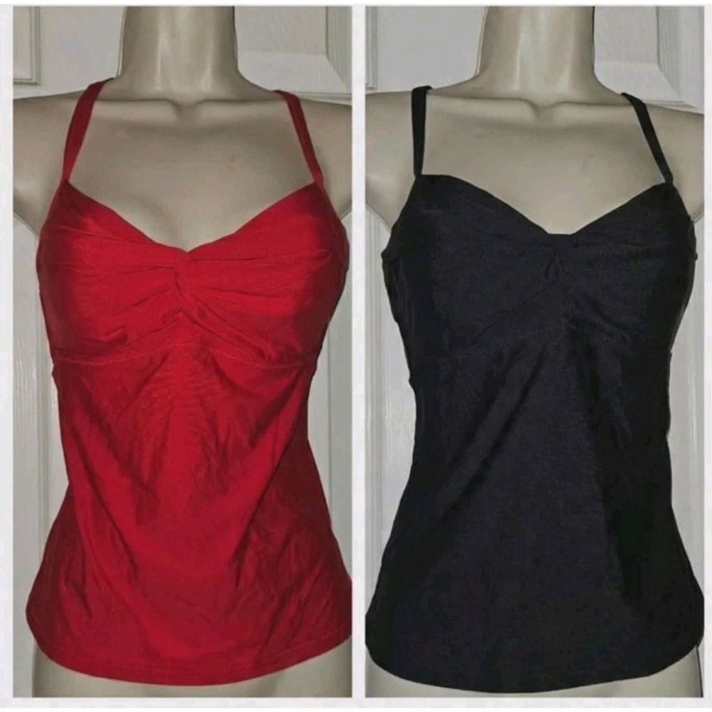 LOT OF 2 ATHLETA TWIST UP TANKINI TOPS SWIM UNDERWIRE BRA BLACK RED SIZE 32B/C
